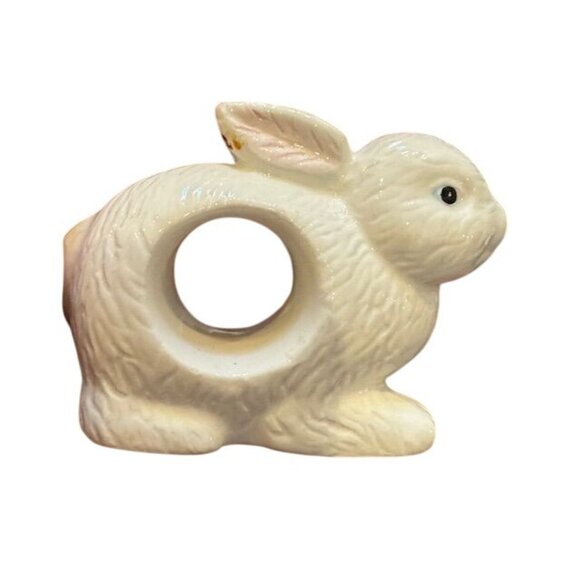 Set Of 4 Ceramic Bunny Napkin Rings With Pastel Bow Accents & Floral Details Spr - Picture 7 of 7